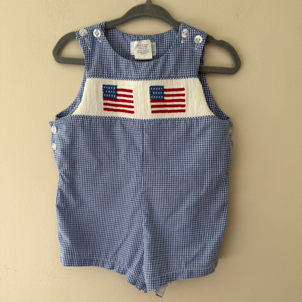 Bel Tredici‎ by Johnston Blue Gingham Smocked American Flag Romper 6M Patriotic